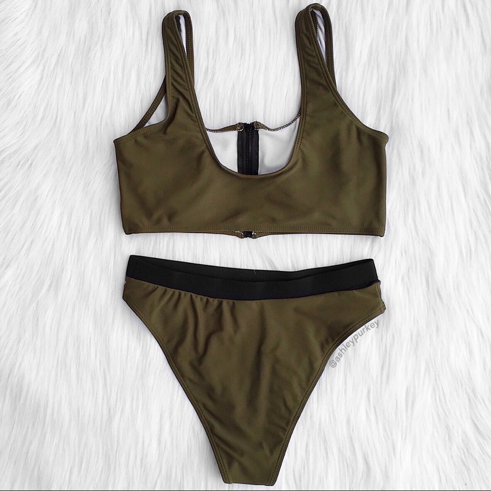 ❤️SALE❤️ Army green zip up high waisted bikini set - Picture 3 of 4